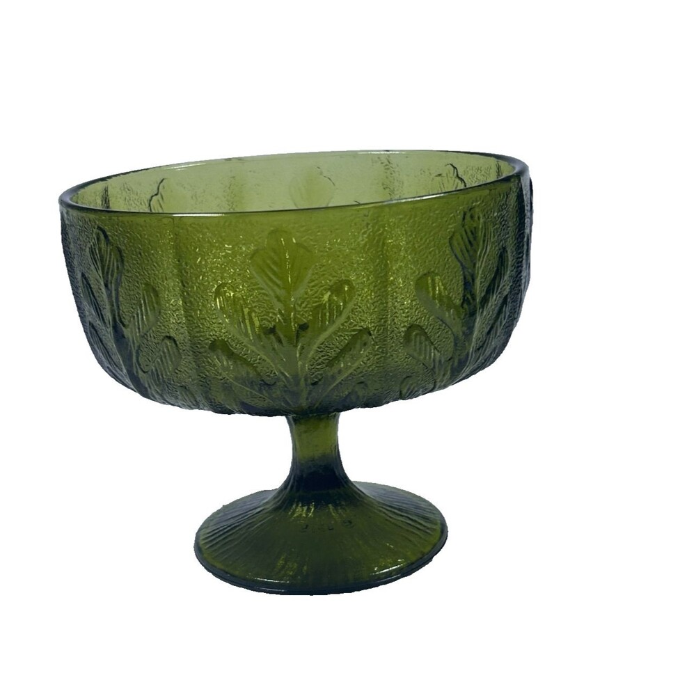 Vintage FTD 1975 Pressed Glass Olive Green Pedestal Compote Bowl Leaf Pattern